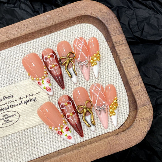retro bow blood red tortoiseshell three-dimensional dark red heavy industry long handmade nails | 365nails