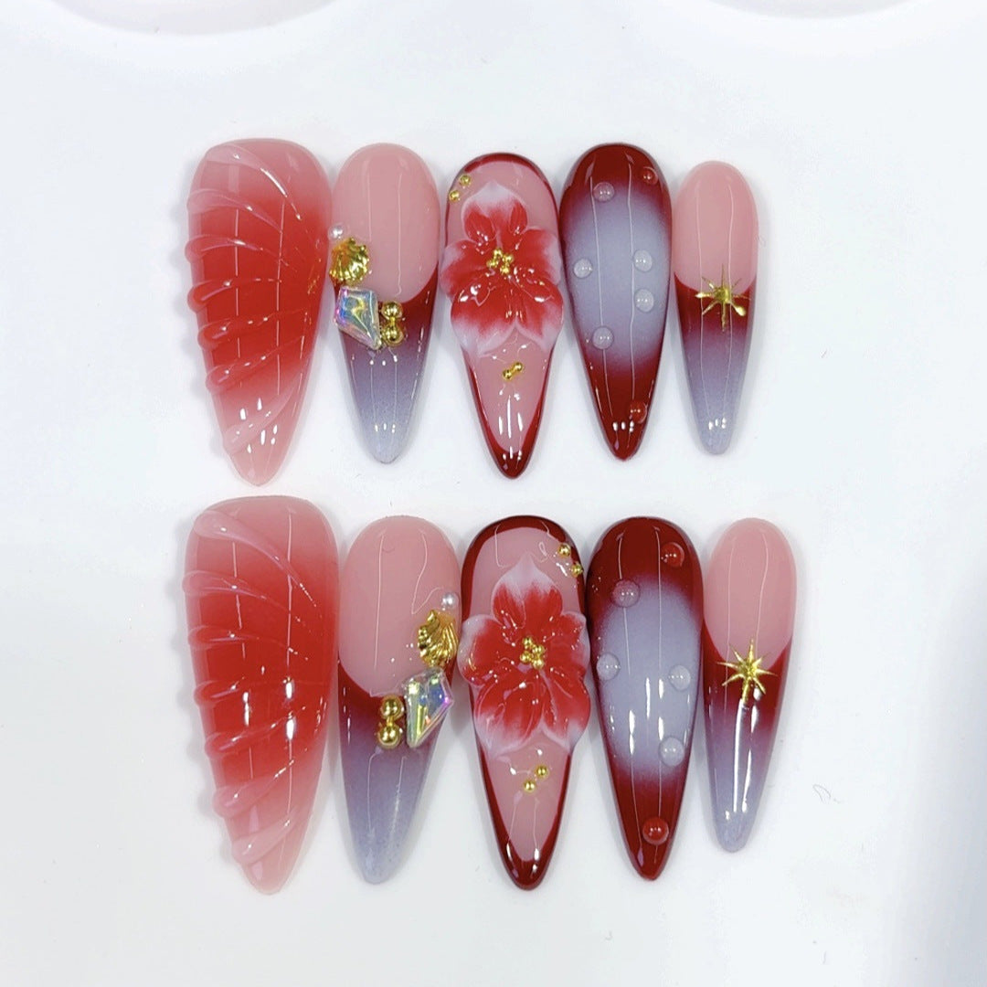 Crimson Bloom: "Red Petal" – Unhas Postiças Longas Amendoadas Feitas à Mão