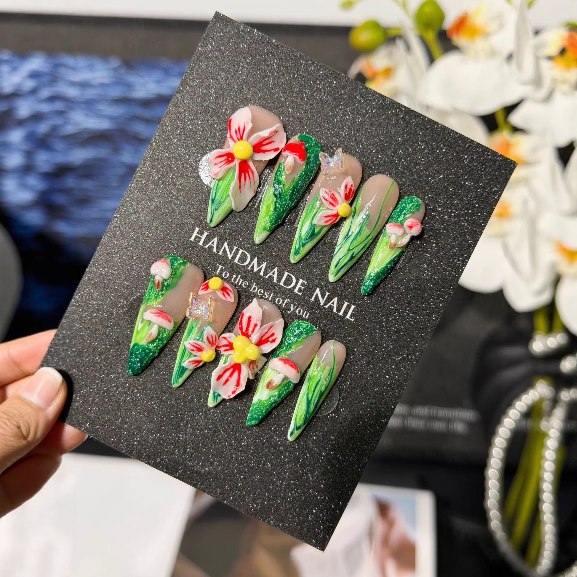 Tropical Escape Collection: "Plumeria Paradise" – Medium Almond Press-On Nails