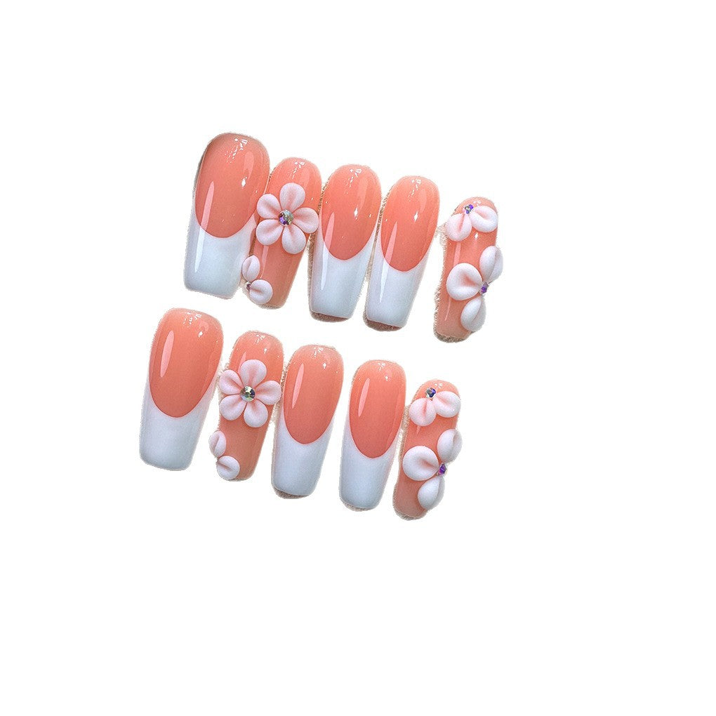 Peach French Floral Soft Gloss Elegant Press On Nails