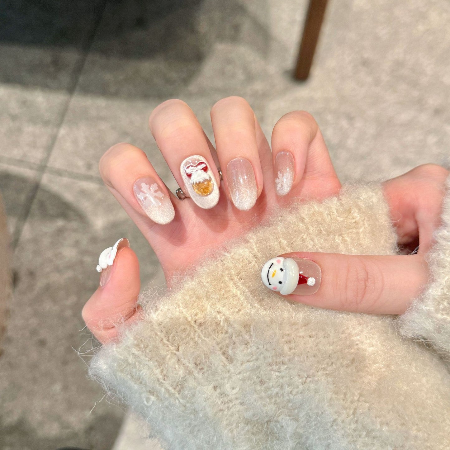 Snowman and Gold Bell Christmas Press‑On Nails – Snowflake Design