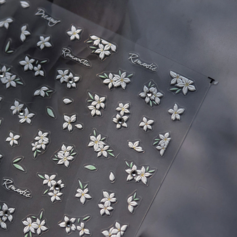 White Floral Crystal Nail Stickers – 5D Embossed Fresh Bloom Set