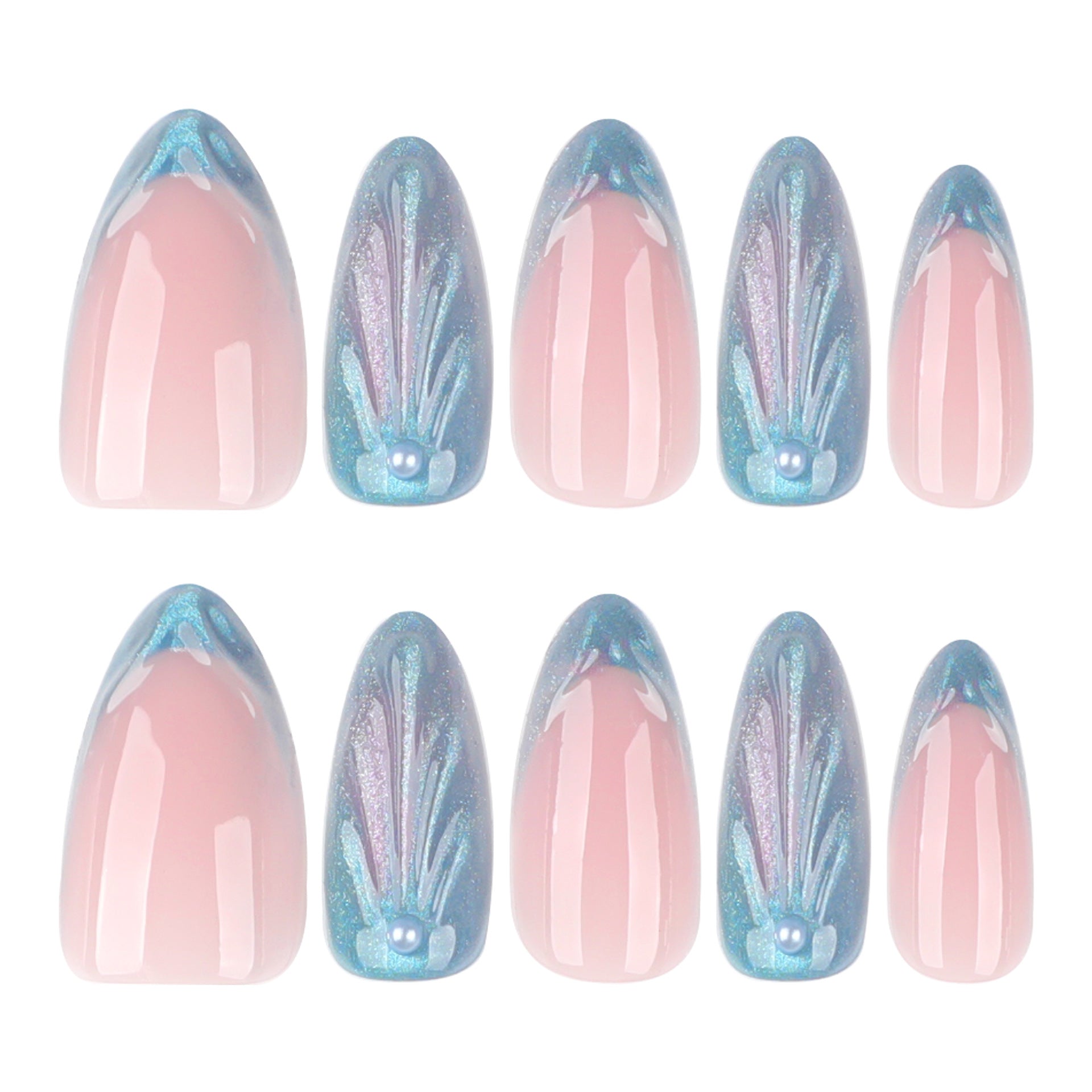 3D Water Drop Blue Cat's Eye French Short Almond press-on nails