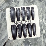 Uñas postizas largas y sencillas de estilo ojo de gato, estilo Spice Girl oscuro. Uñas postizas hechas a mano. Producto terminado. Venta al por mayor de fábrica. 365nails.