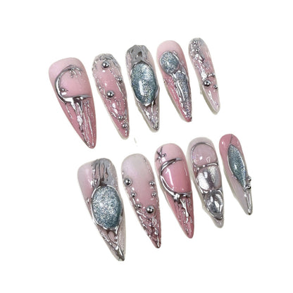 Handmade press-on nails powder silver dream two-color gradual change nail art Europe and the United States sweet cool metal  fake nail wholesale｜365nails