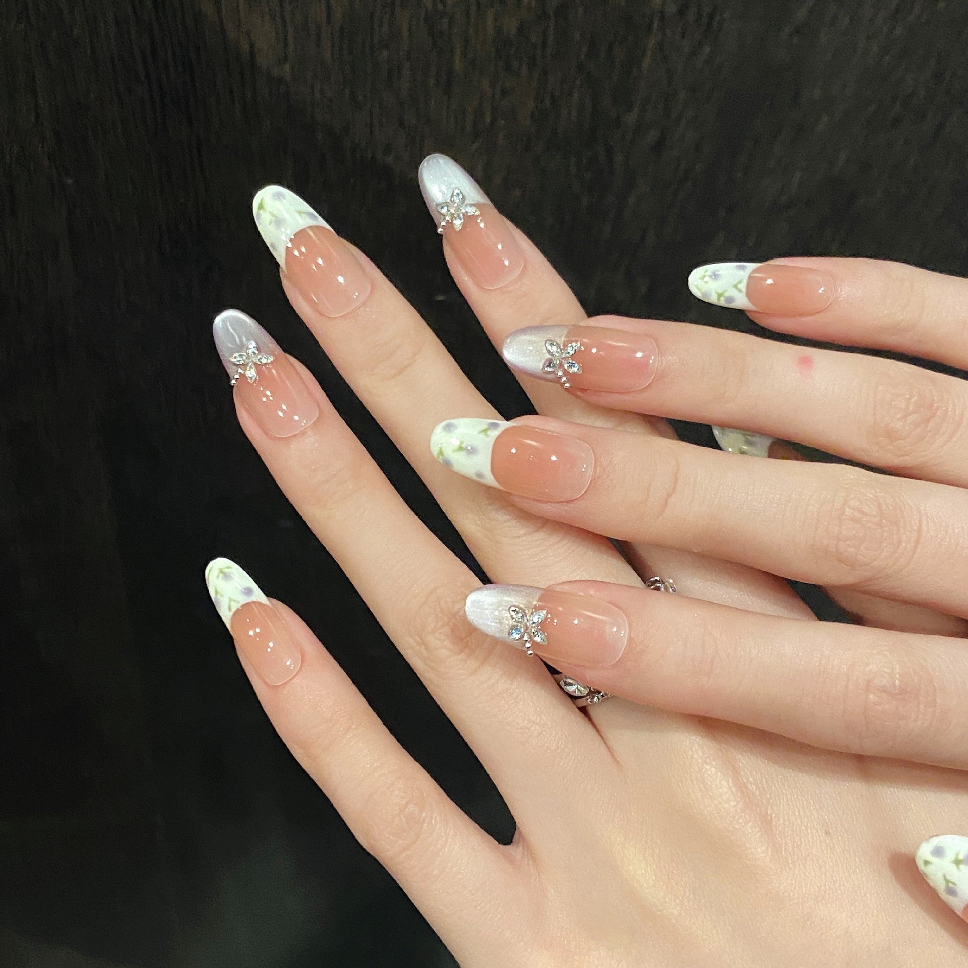 365nails: "Monet's Garden" – Hand-Painted Floral & French Tip Handmade Medium Almond Nails