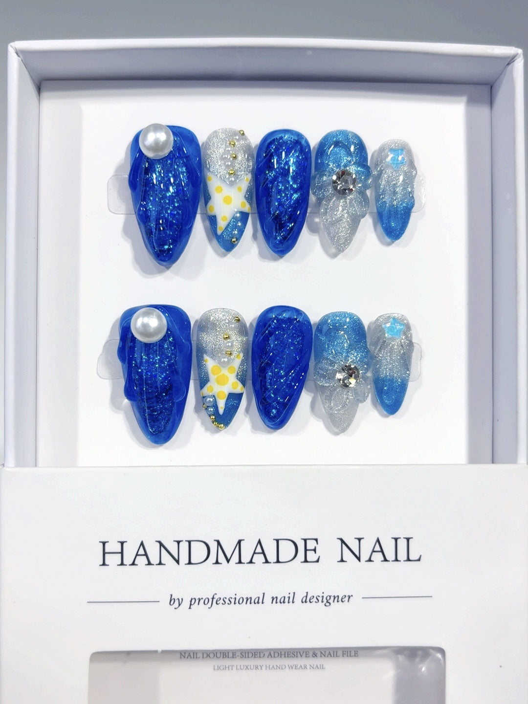365nails: "Sereia Estrelada do Mar Profundo" – Unhas Postiças Artesanais Azul Glitter Marinho Amêndoa Média