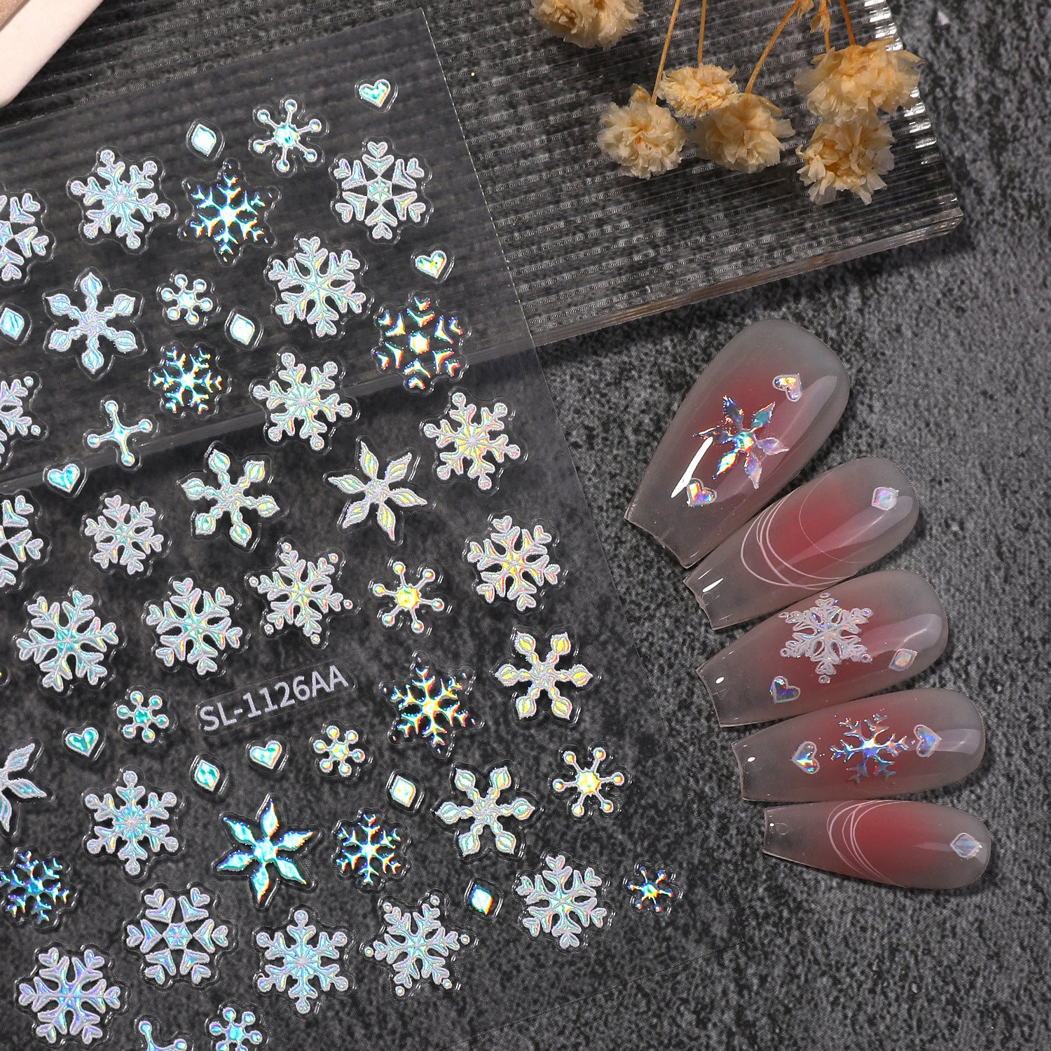 Winter Laser Snowflake Nail Art Sticker 5D Embossed Aurora Christmas Snowflake DIY Nail Sticker Ornament SL