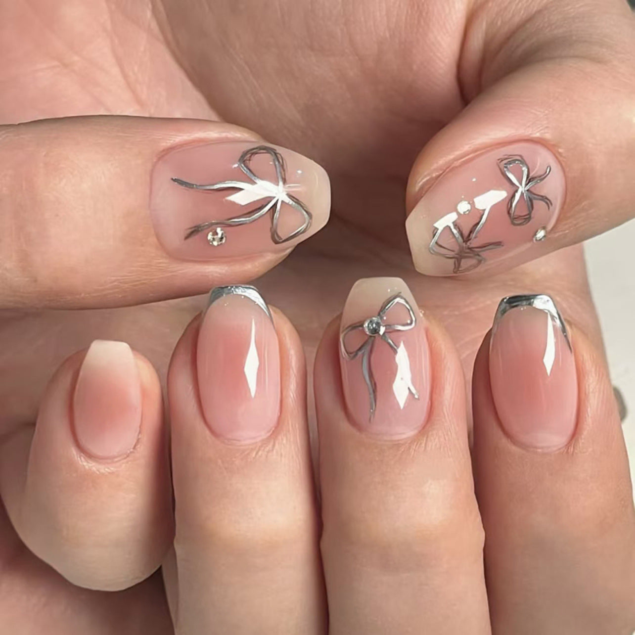 Silver Bow Accent Nude Pink Press On Nails Set