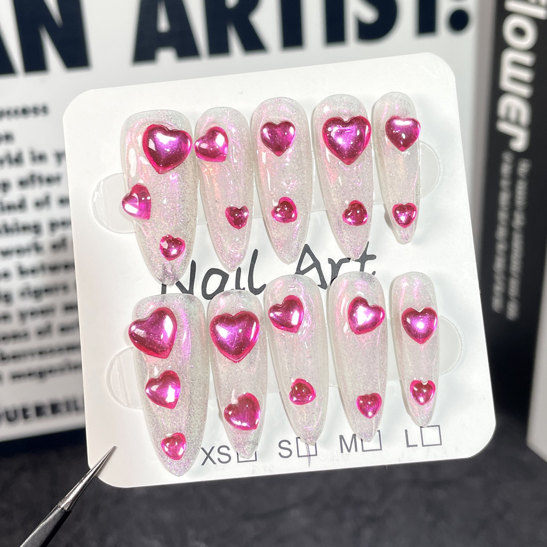 Coração a coração, Barbie rosa, Aurora, Coração de pêssego, Unhas postiças feitas à mão, Unhas de gel longo estilo olho de gato｜365nails