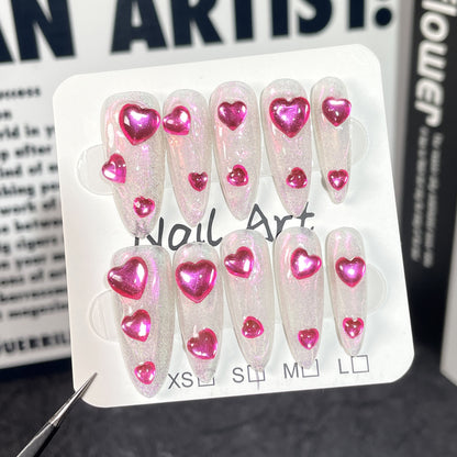 De corazón a corazón, Barbie Pink, Aurora, Corazón de Melocotón, Uñas Postizas Hechas a Mano, Arte de Uñas de Ojo de Gato con Hielo Largo | 365nails