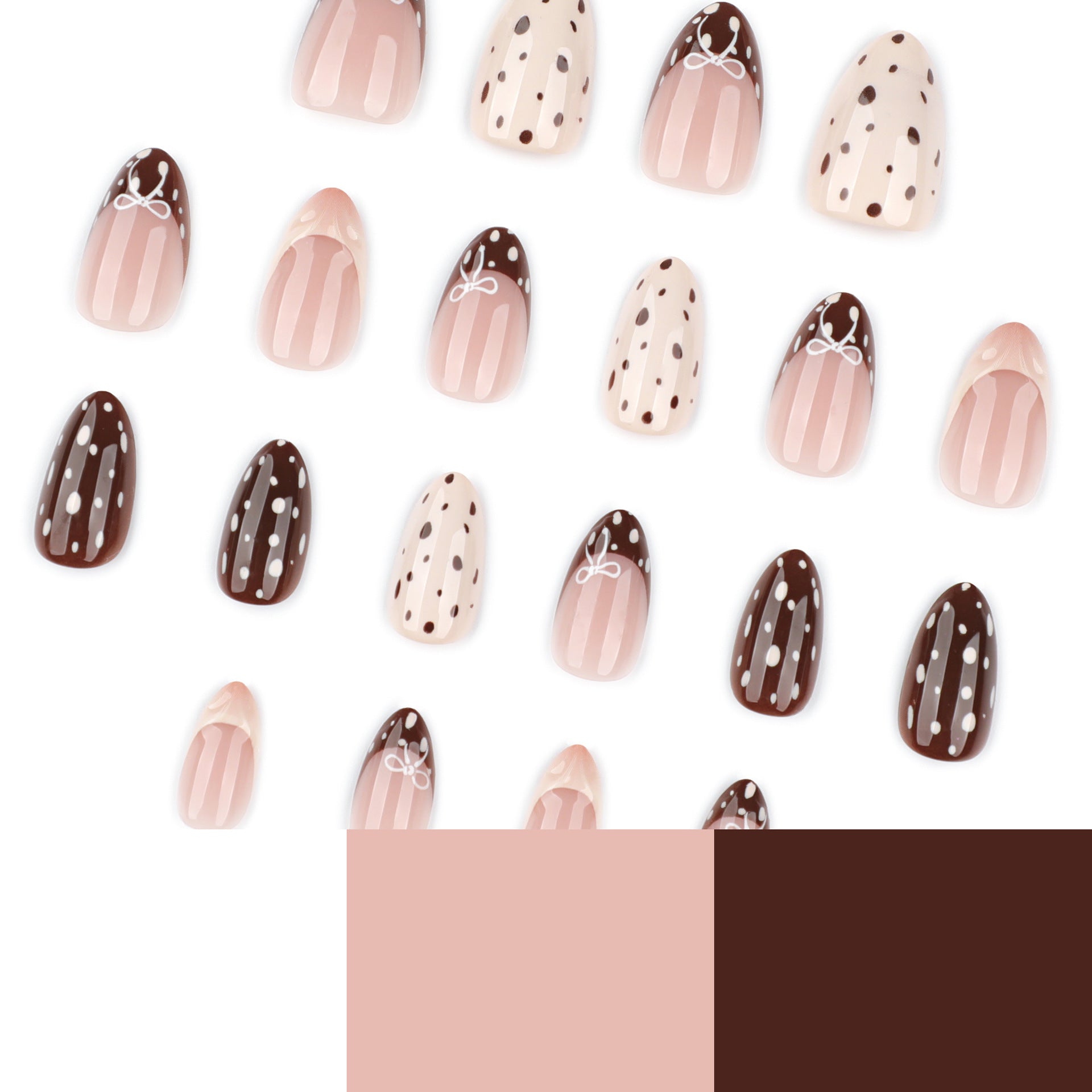 甜美棕色法式穿戴甲（杏仁形・牛紋）