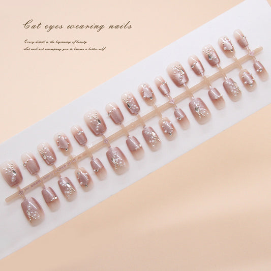 Nail Tips  prefabricated nail, press on nails, Guofeng removable butterfly cat eye nail piece, short T manicure patch, drill model｜365nails