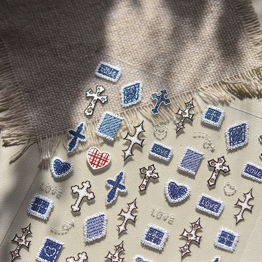 Denim Cross & Heart: "Punk Denim Romance" – 5D Embossed Nail Sticker