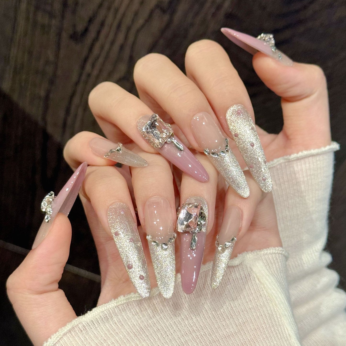 Pink Glitter Crystal Luxe Princess Nails