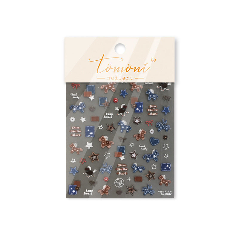 Denim Western Pony & Star: "Rustic Denim Cowgirl" – 5D Embossed Nail Sticker