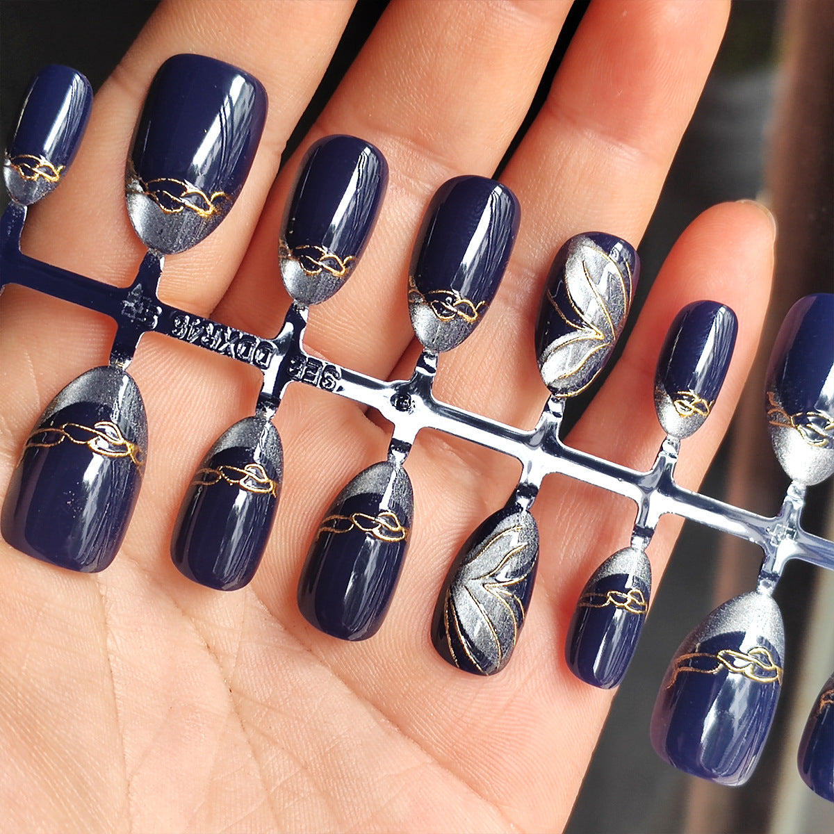 Midnight Bloom Collection: "Silver Orchid" – Medium Almond Press-On Nails