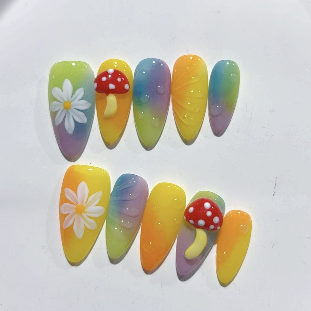 365nails—魅惑草原：「彩虹雛菊蘑菇」— 杏仁形手工製3D雕刻穿戴甲
