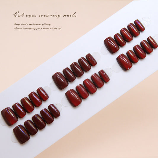 Nail Tips  prefabricated nail press on nails Removable cat eye cherries red white nail pieces Short T manicure patch ｜365nails