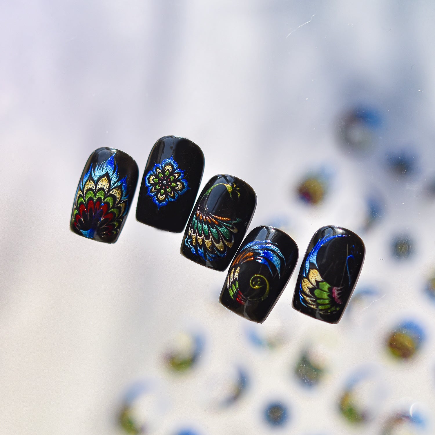 Peacock Feather Enamel Collection: "Oriental Splendor" – 3D Embossed Nail Sticker
