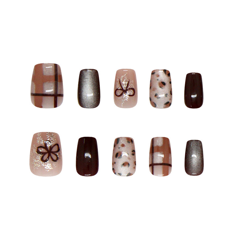 Nail Tips  prefabricated nail retro plaid leopard print fine flash flower bow cat eye  nail patch points｜365nails