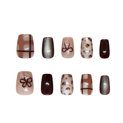 Nail Tips  prefabricated nail retro plaid leopard print fine flash flower bow cat eye  nail patch points｜365nails