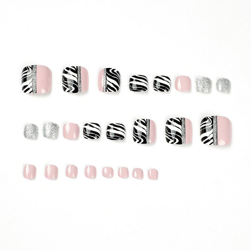 Bare powder foot nails, black and white lines, press on nails, nails piece, wholesale fake nails, nails piece, removable press on nails piece｜365nails