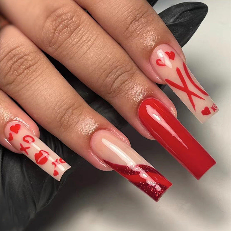 밸런타인데이용 사선 레드 프렌치 러브 립 프린트 프레스온 네일 패치 도매 ｜365nails