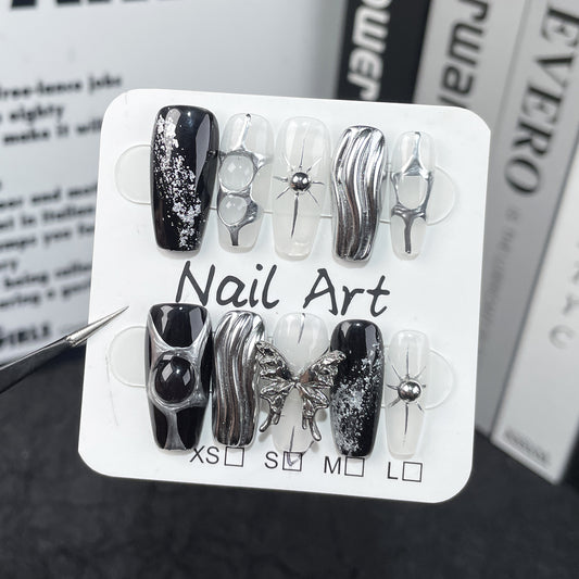 Textura metálica avançada simples, escura, doce e fria, Spice Girls, média e longa, unhas de pressão feitas à mão ｜ 365nails