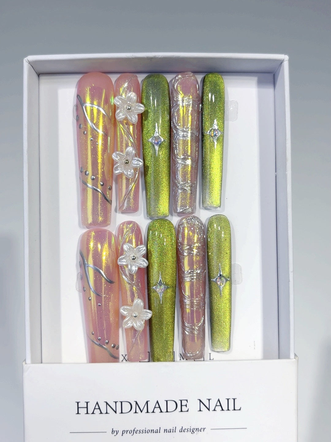 Neon Green Holographic Floral Statement Press On Nails