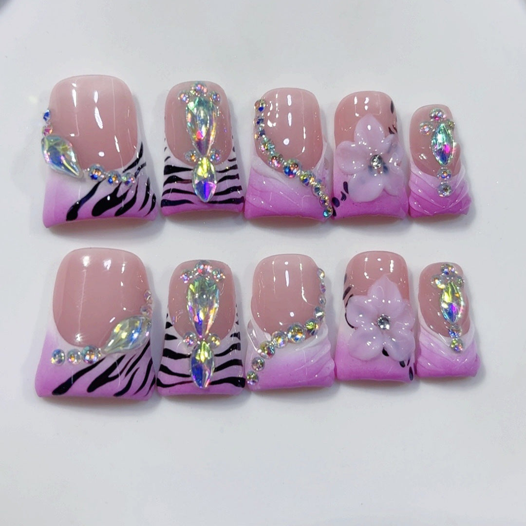 365nails: "紫色斑馬魅" – 短款 方形 粉紫漸層 斑馬紋 手工製 穿戴甲