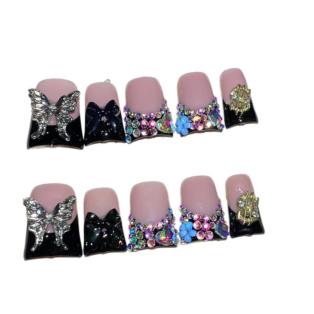 Black Butterfly Crystal French Press On Nails