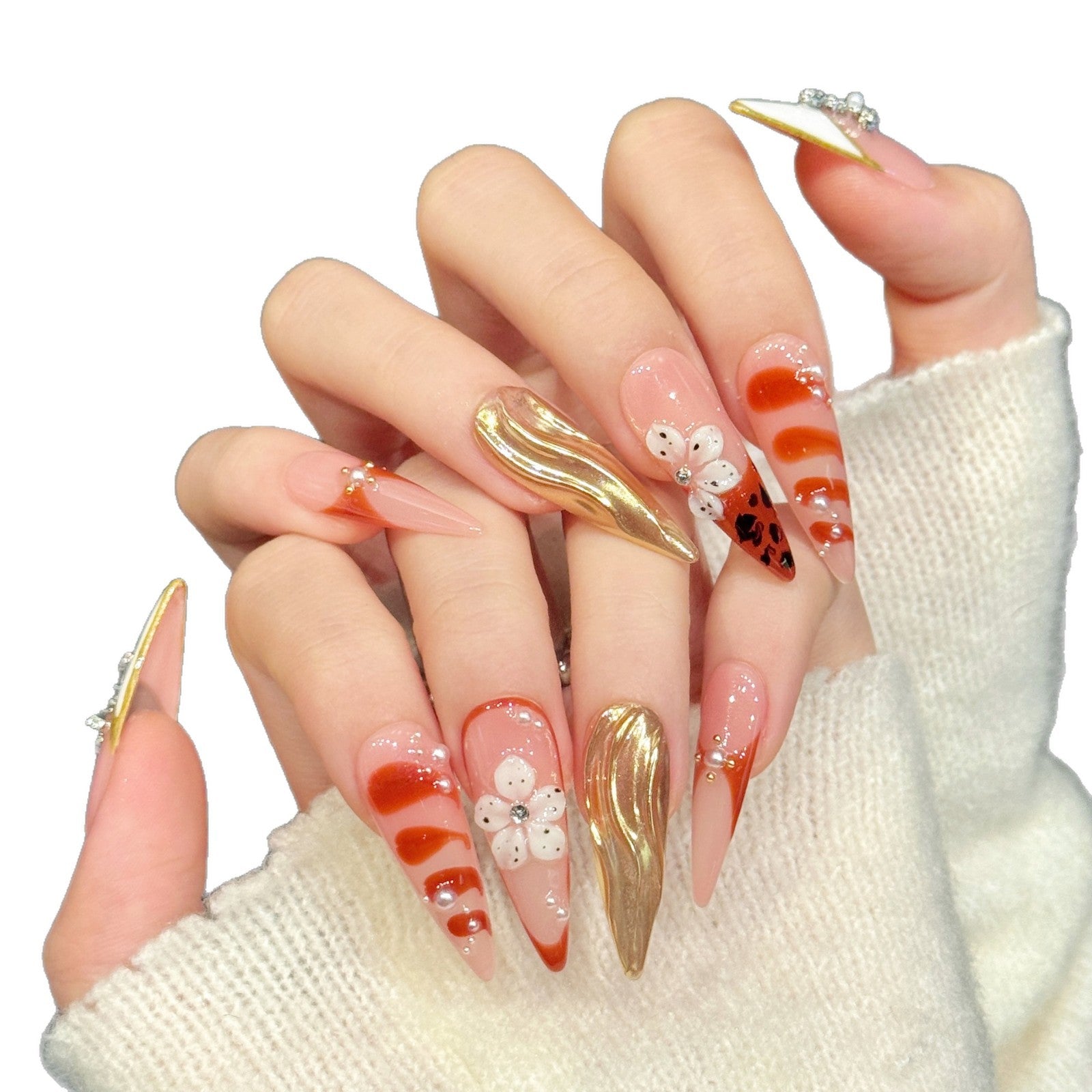 Peach Gold Floral Cross Glam Nails