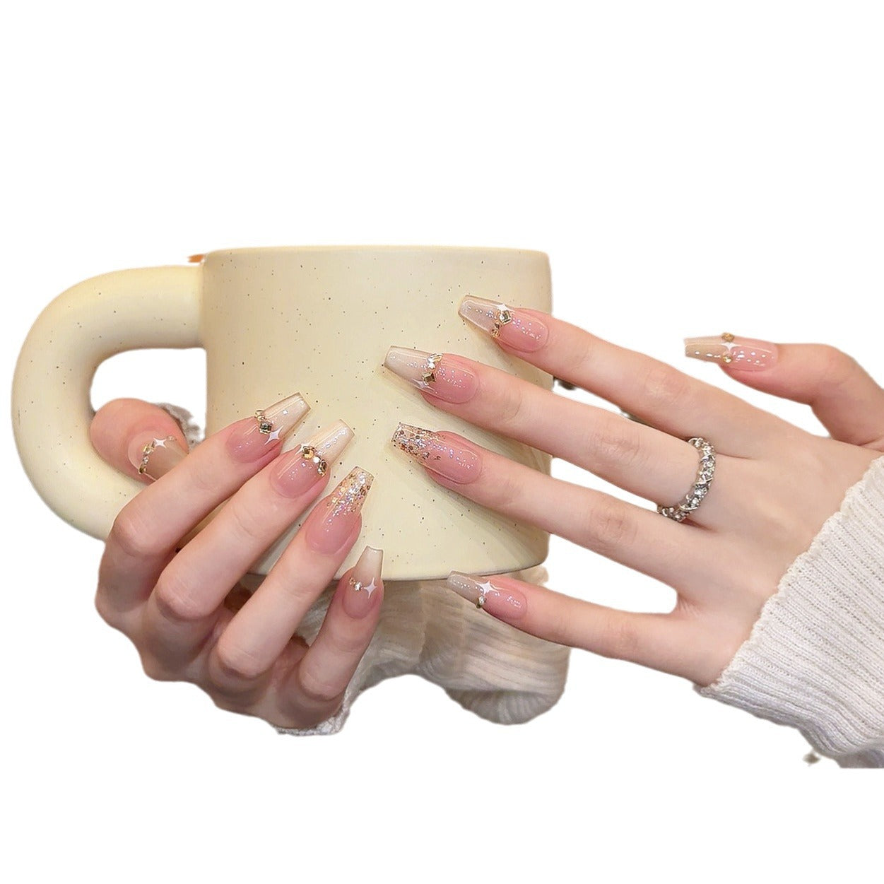 365nails：香檳夢 — 貓眼法式尖端與3D水晶 方形甲片