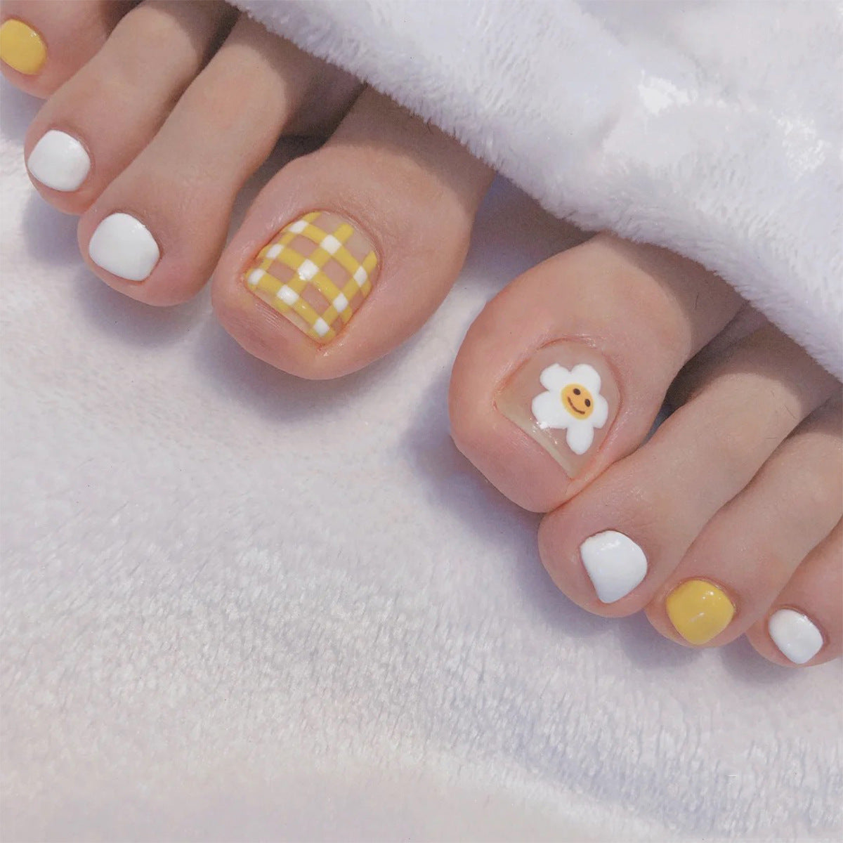 夏日清新花朵 黃格紋 足部完成款穿戴甲 可拆式甲片｜365nails