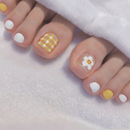 Summer fresh flower yellow plaid foot nail wear nail art finished fake nail nail nail patch removable nail piece｜365nails
