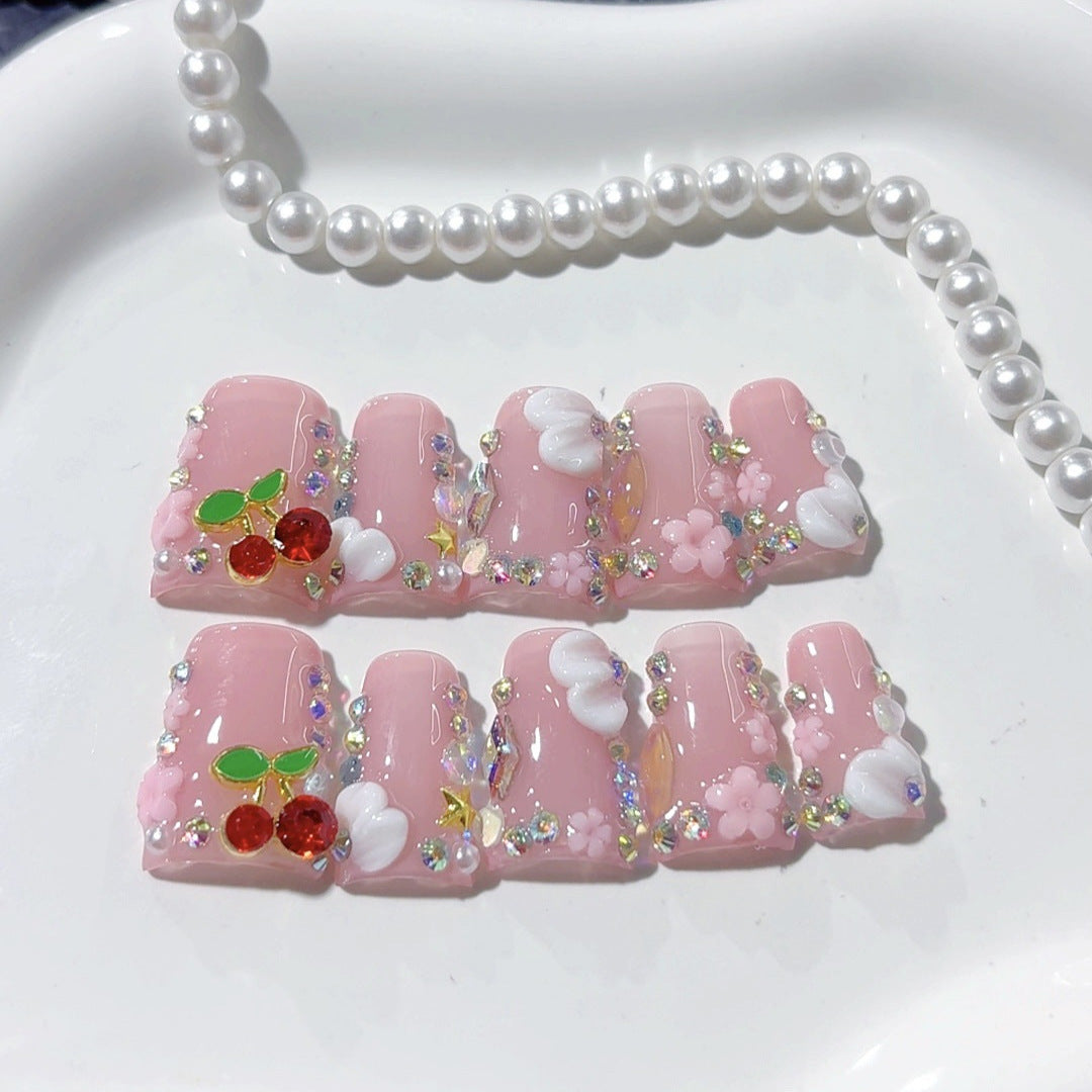 Cherry Sweet: "Sparkle Cherry Cloud" – Square Press-On Nails