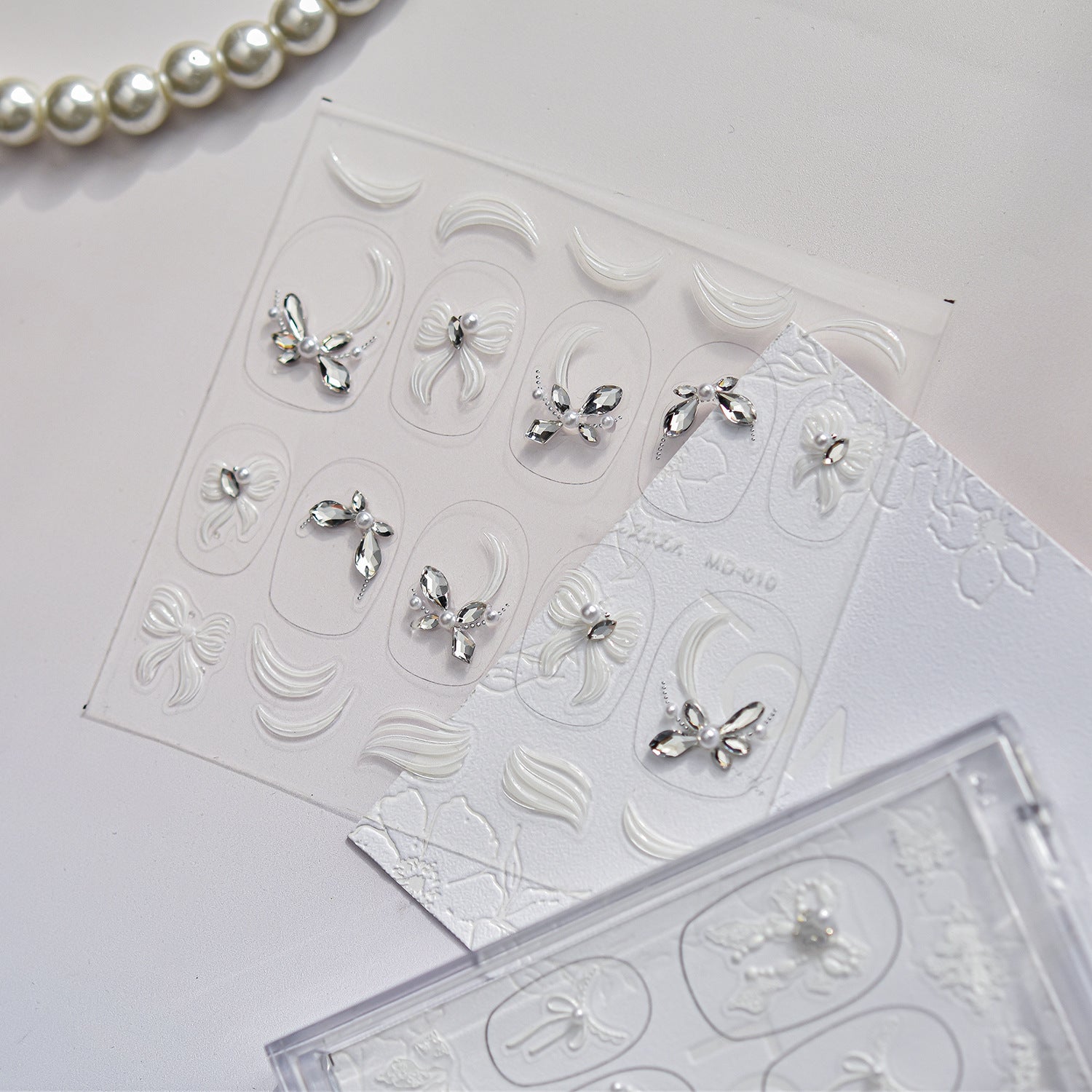 Pearl Bow & Lace Embroidery: "Bridal Crystal Charm" – 5D Embossed Nail Sticker