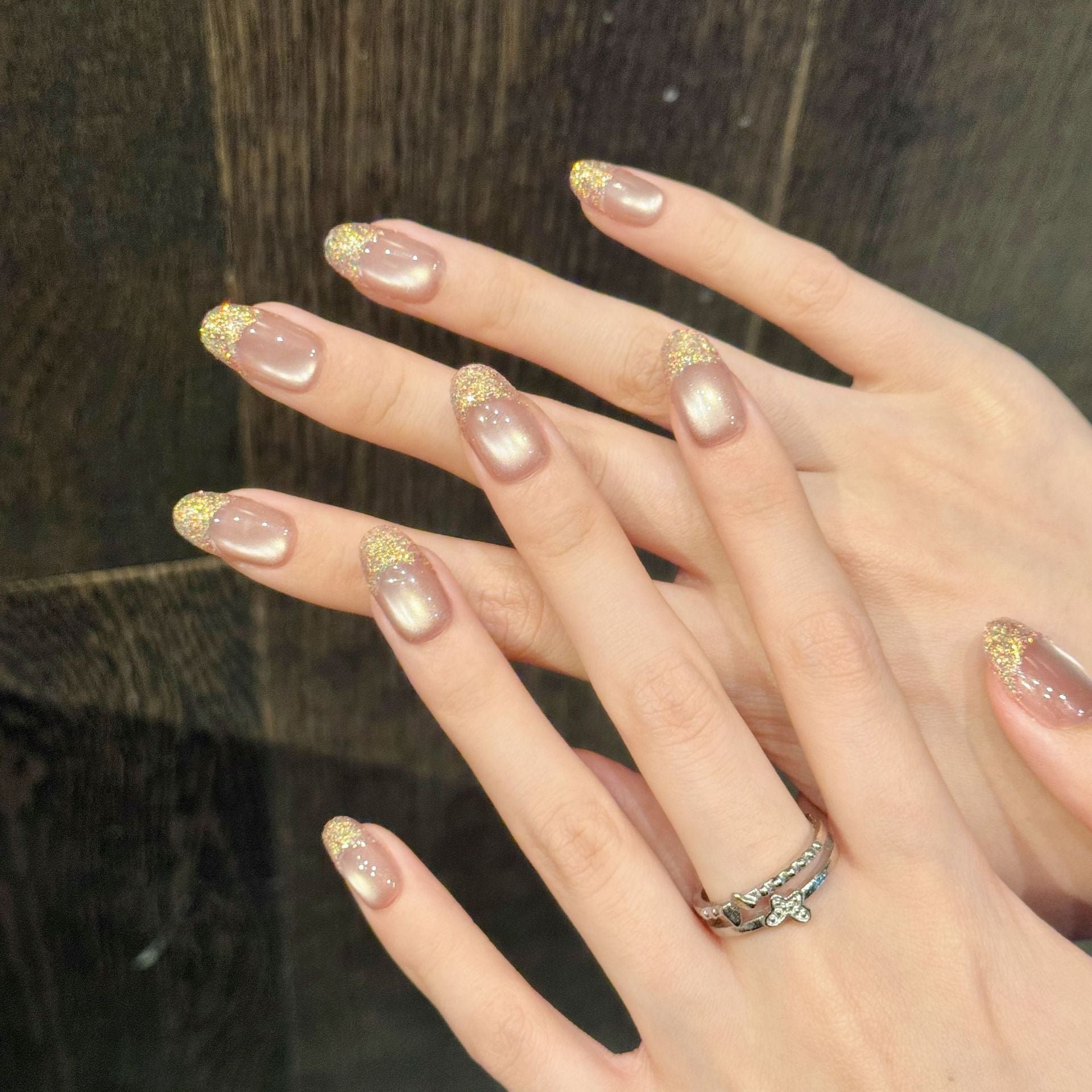 365nails: "Golden Hour" – Glitter French Tip Handmade Short Square Nails