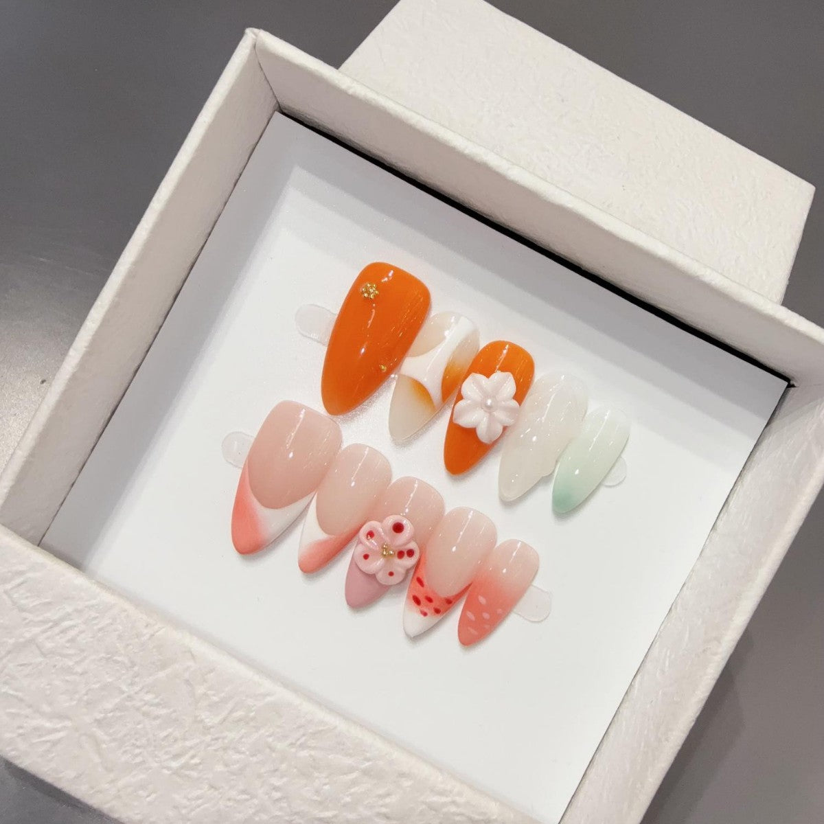 365nails：「柑橘綻放」—3D 立體手工製杏仁形穿戴甲
