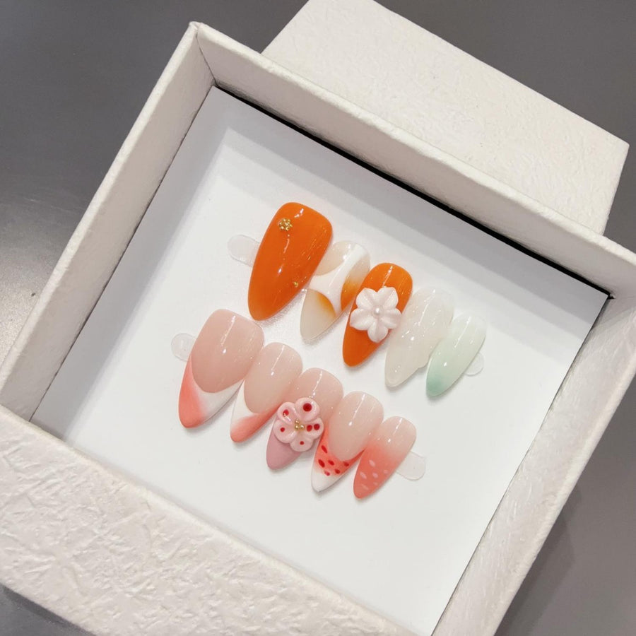 365nails: "Citrus Bloom" – 3D Floral Handmade Almond Nails