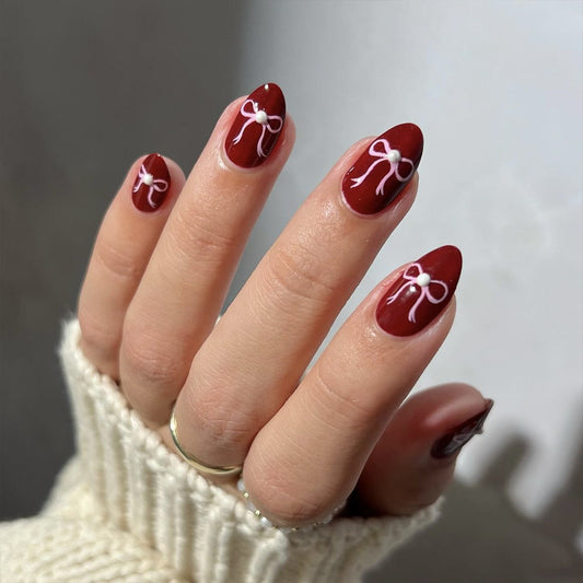 Red Valentine's Day Nail Art New Year's War Nail Art Pink Bow Nail Art Simple  Hot Sale Fake Nail Nail Film｜365nails
