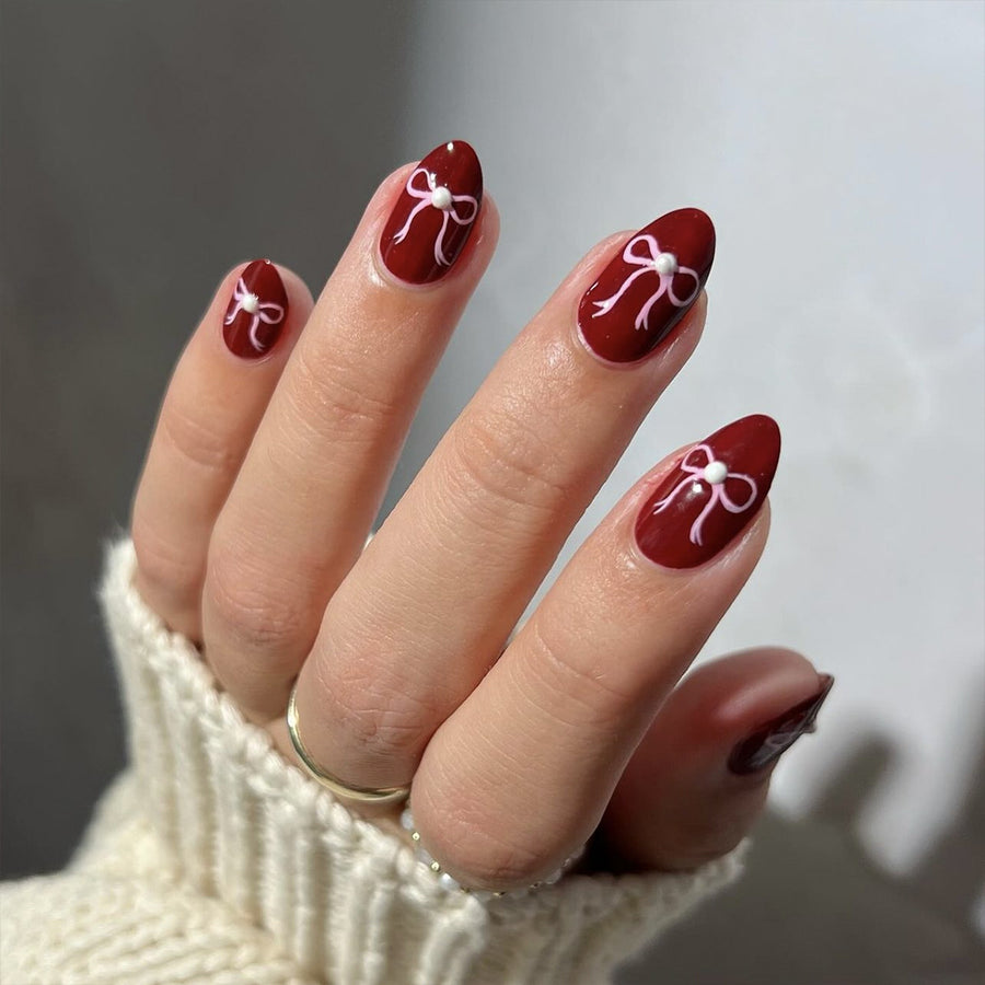 Uñas rojas para San Valentín, uñas de Año Nuevo, uñas con lazo rosa, uñas postizas sencillas y atractivas, láminas para uñas ｜365nails