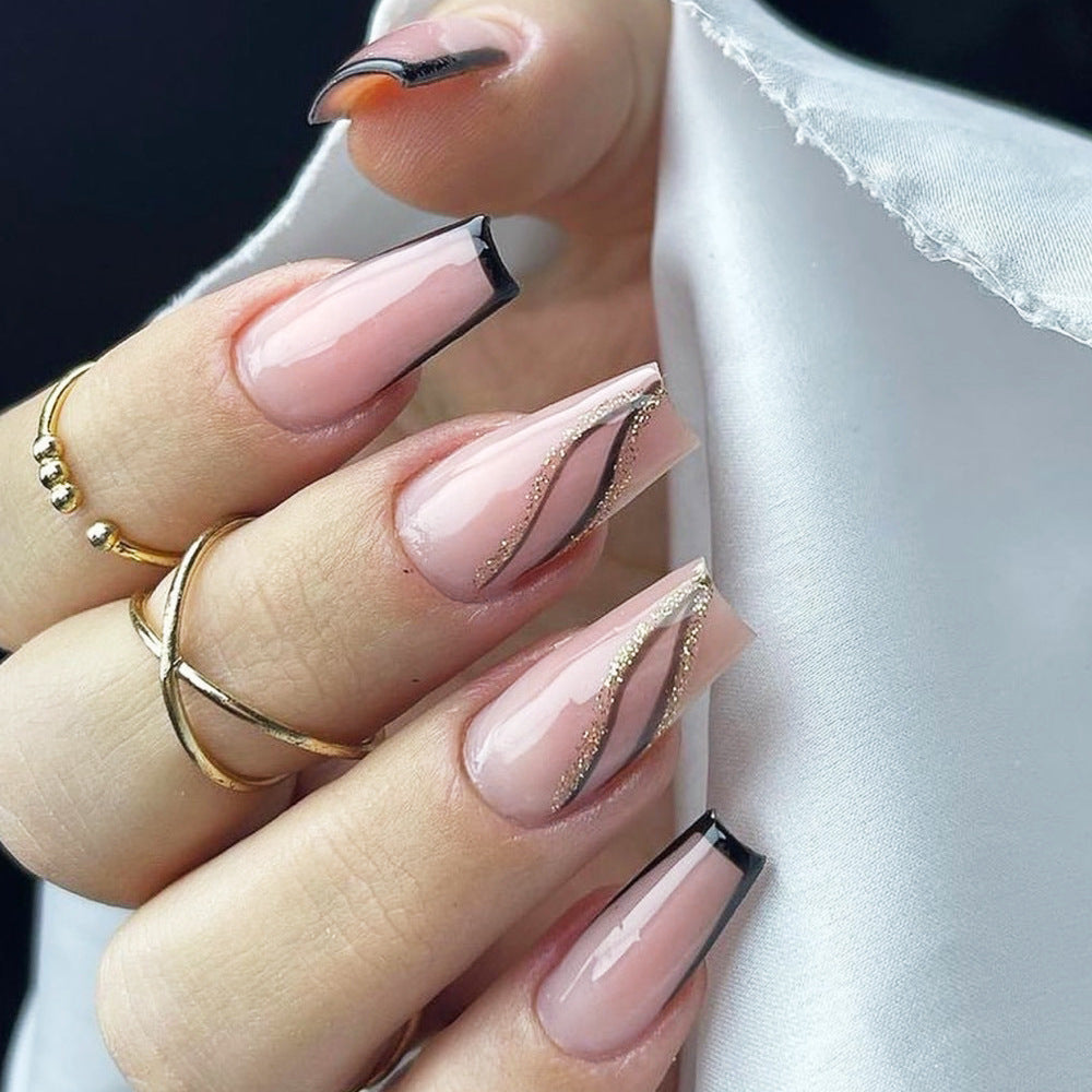 Ongles pressés à bord noir français gros-vente paillette or ligne ins pièce de manucure court T faux ongle｜365nails