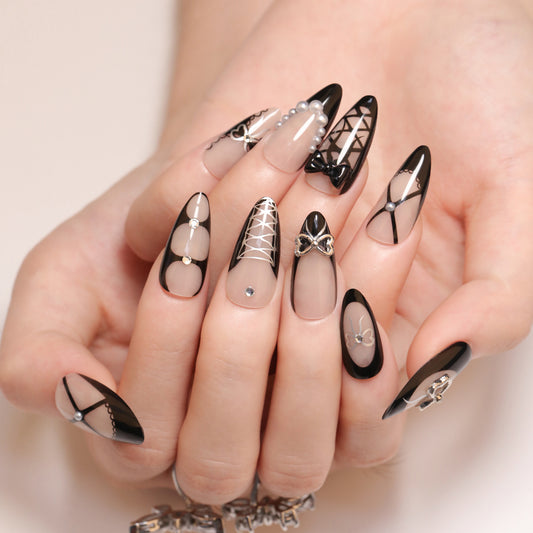 Cool spicy French black wearing nail point diamond three-dimensional bow manicure fake nail short almond  nail piece wholesale｜365nails