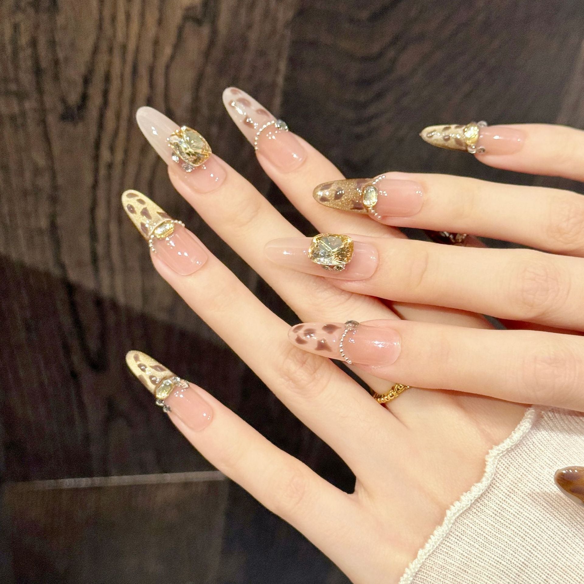 365nails: "Safari Chic" – Leopard Print & Crystal Embellished Cat-Eye Handmade Almond Nails