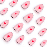 Uñas cortas con rayas blancas y negras para usar, uñas postizas sencillas para el día de San Valentín, uñas postizas con diseño de almendras, pieza de uña｜365nails