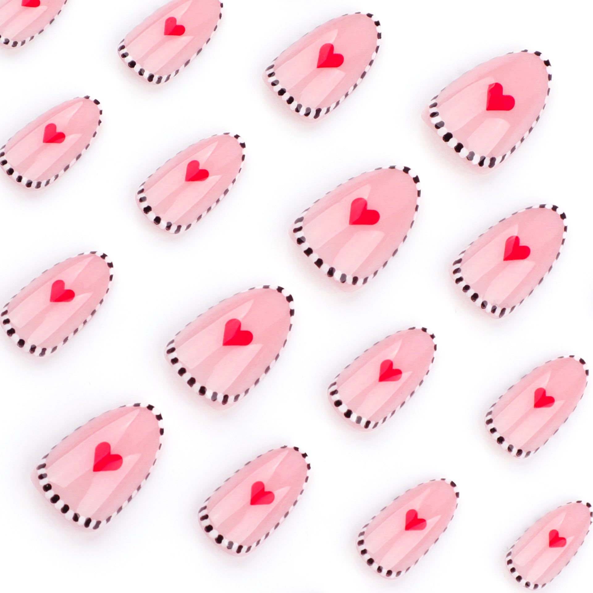 Uñas cortas con rayas blancas y negras para usar, uñas postizas sencillas para el día de San Valentín, uñas postizas con diseño de almendras, pieza de uña｜365nails