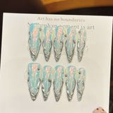 Iridescent Ice Blue Silver Long Press On Nails