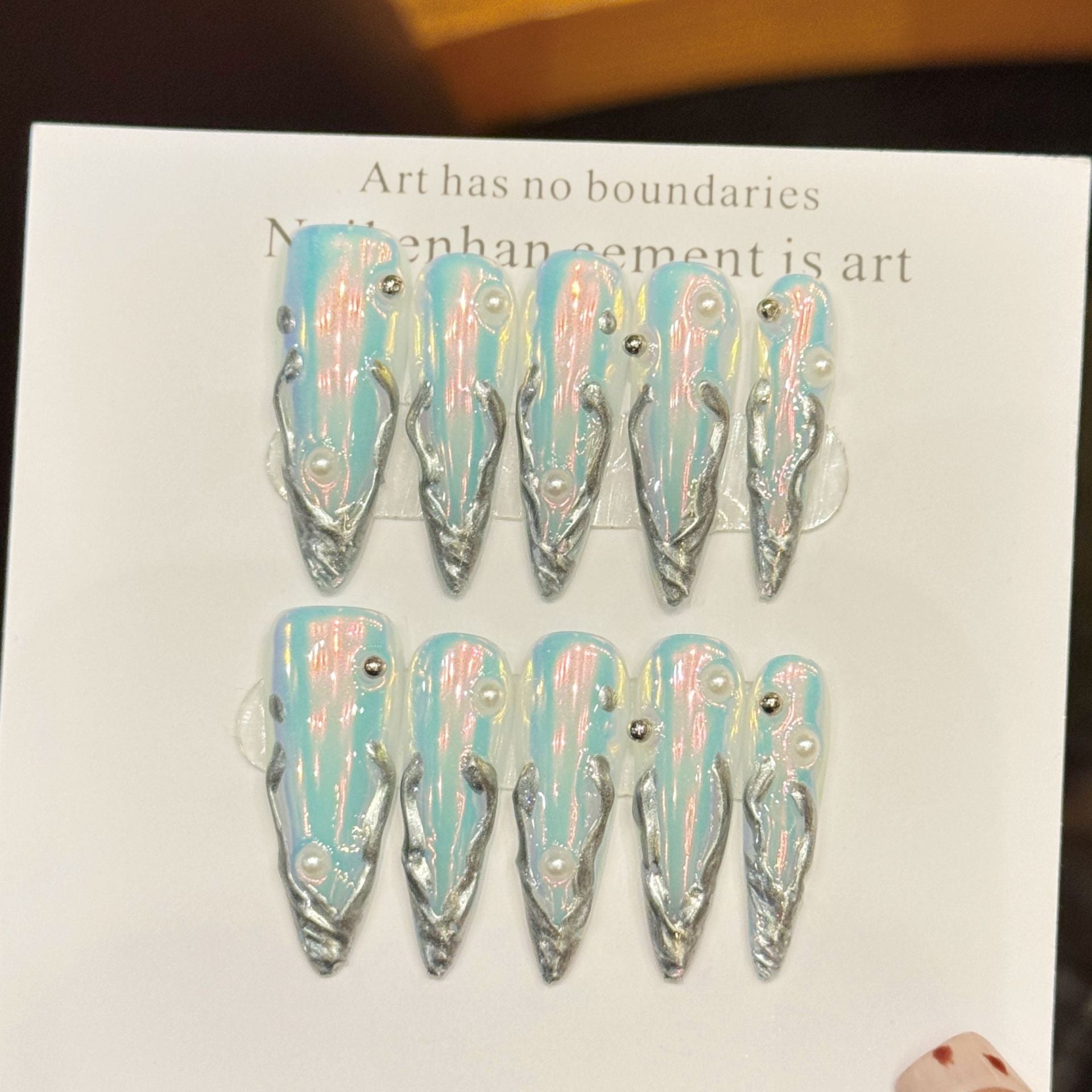 Iridescent Ice Blue Silver Long Press On Nails